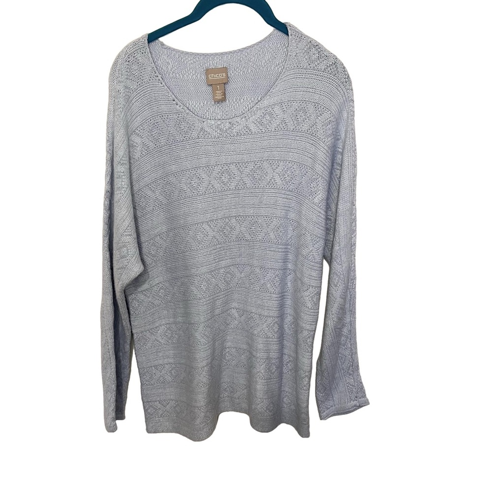 Chicos Sweater 1 M Blue Pullover Knit Long Sleeve Scoop Neck Coastal Resort Prep